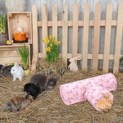JarThenaAMCS Guinea Pig Tunnel 3 Way Washable Guinea Pig Hideout Pink Bow Foldable Rabbit Tunnel Small Animal Toy for Bunny Hamster Chinchilla Ferret Accessory
