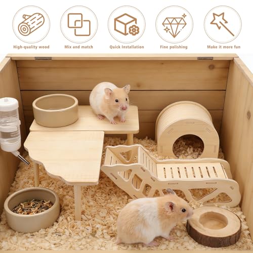 3 Sets Wooden Hamster Platform for Cage Accessories Natural Wood Climbing Toy Hideout, Expandable Habitat Decor for Dwarf Syrian Hamsters, Gerbils, Mice, Degus Sturdy Chew-Safe
