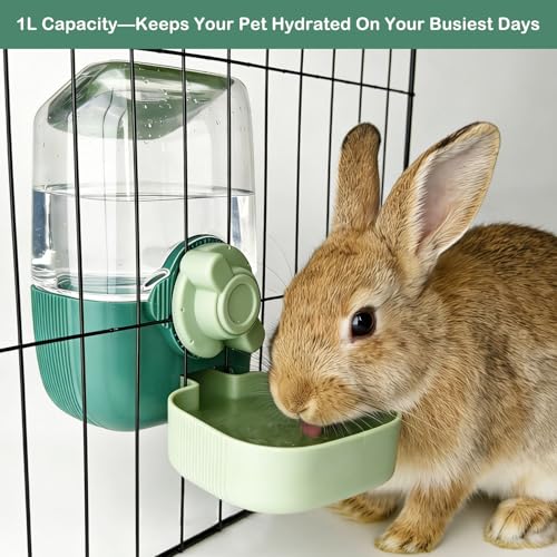 Rabbit Water Bottle, 34oz Pet Hanging Water Dispenser, Cat Water Feeder for Small Animal Ferret Guinea Pig Chinchilla Small Dog Cage Grid Spacing 1.2''-2.1'' (Green) - color: Green