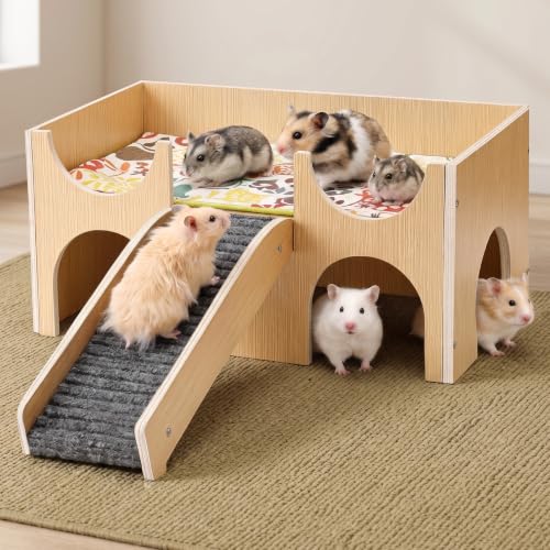 Large 2-Tier Guinea Pig Castle Hideout with Non-Slip Ramp for Small Animals | Play, Climb & Rest，Fun Toy & Cozy Hideout，Sturdy & Durable，Chew-Resistant Wood，Easy Assembly，for Hamsters, Bunny, Chinchillas