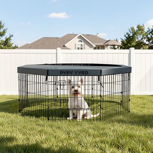 Puppy Playpen with Top Cover,Dog Pen Foldable Dog Fence 8 Panels 24 Inch | Dog Playpen with Door for Indoor Outdoor,Dog Exercise Fences for Small Medium Animals - size: 24''H