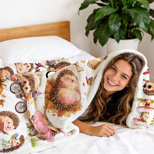 Hedgehog Blanket Gifts for Girls Women Hedgehog Lovers Ultra Soft Flannel Hedgehogs Throw Blanket Birthday Gifts Decor 50"x40" - color: White Hedgehog