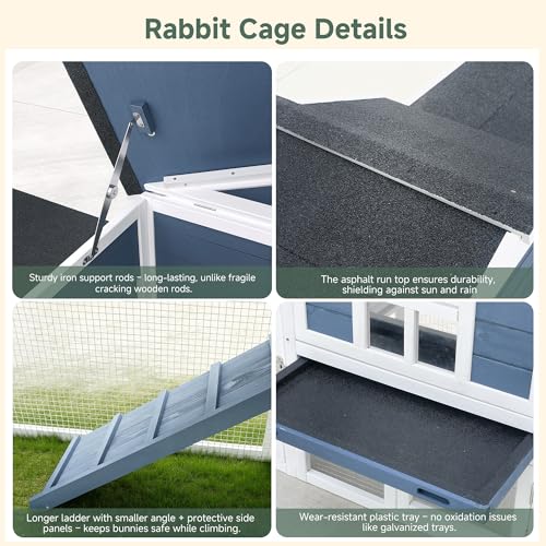 Large Outdoor Rabbit Hutch with Waterproof Asphalt Roof, 54.7” x 22.6” x 34” Wooden Bunny Cage for 2 Rabbits, Guinea Pigs & Chickens, Easy-Clean Pull-Out Tray & Anti-Rust Metal Door