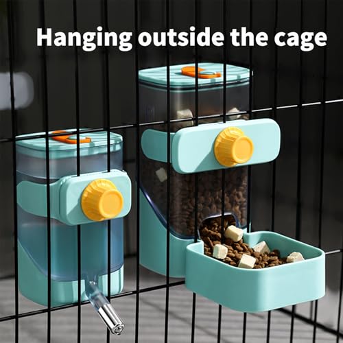 PODOO Rabbit Food Water Dispenser, 24oz No Drip Bunny Water Feeder, 34oz Large Hanging Automatic Pet Food Dispenser, Hanging Outside or Inside The Cage for Small Animals (Food+Water) | 24oz water dispenser and 34oz food feeder with clear detachable contai