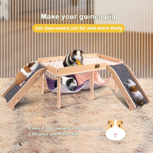 BESNEW Enlarged Guinea Pig Hammock with Platform and Stairs,Wooden Foldable Piggies Hideout for Guinea Pigs Bunny Ferret Hamster Hiding Sleeping Activities 24L x 12W x 11H in（Double） - style: Hammock with 2 ramps