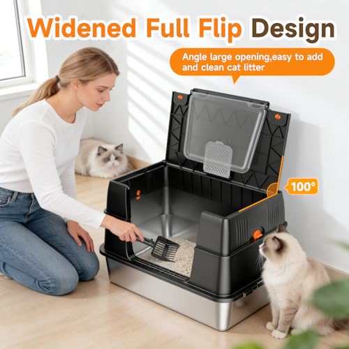 Stainless Steel Litter Box with Lid, High Sided Enclosed Metal Litter Box for Big Cats, Easy Cleaning Anti-Urine Leakage, Non-Sticky Cat Box, Front Entry Top Exit KittyBox, Includes Mat & Scoop