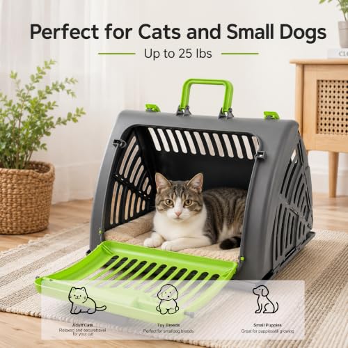 Foldable Portable Pet Carrier, Cat Carrier with Opening Door | Hard-Sided Travel Cat Carrier for Cats & Small Pets up to 25lbs, Green - color: Green