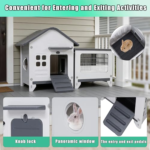 Rabbit Hutch Indoor & Outdoor with Extended Play Area, Plastic Rabbit Hutch with Sloped Roof Drainage, Panoramic Windows, Urine Barrier & Pull-Out Tray, Rabbit Cage with Run Easy to Clean and Assemble - size: 45"L*20"W*27"H