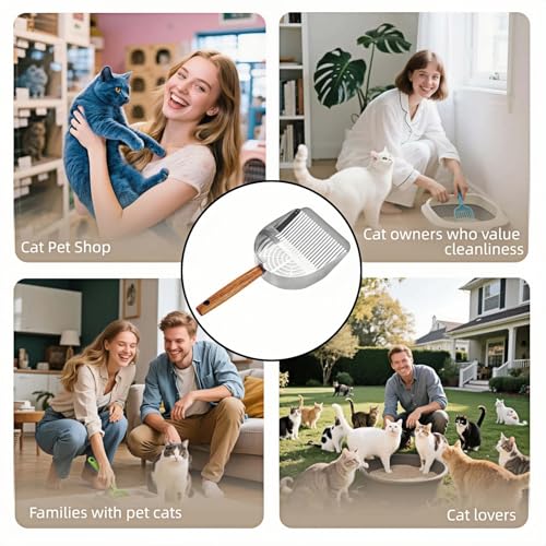 Premium Stainless Steel Cat Litter Scoop-Triple Guard Walls&Non-Stick Design,Silver,Flat Shovel Head Design Solid Deep Edge Wood Handle,Dual Hooks 1Pack,6.1x5.3inch (Silver long strip) (Silver) - color: Silver