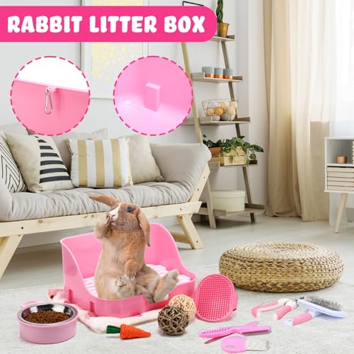 Reallnaive 15 Pcs Rabbit Starter Kit Small Rabbit Litter Box Girls Gift Animal Grooming Kit Bunny Toys Bowl Blankets with Cleaning Set for Guinea Pig Accessories(Pink) - color: Pink