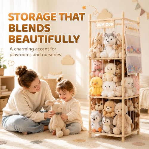 Stuffed Animal Storage Organizer, Large Wooden Zoo Toy Holder with Pockets, Plushie, Stuffy,Toy Storage for Kids Room, Playroom, Bedroom(Natural Small - size: Small