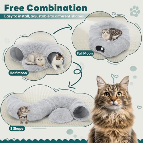 DUMOS Cat Tunnel Bed for Indoor Cats, Cave Donut Play Tunnel, Grey | Soft Plush Peekaboo, Washable Circle Cushion, Multifunctional Playground Under Tree Toys for Kittens, Puppy, Rabbit, Ferret - color: Gray