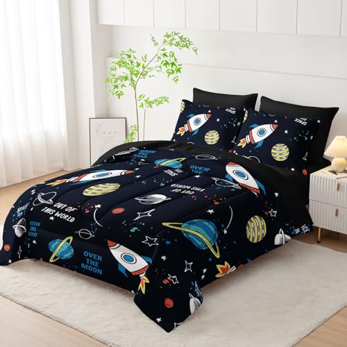 7pcs Space Comforter Set Astronaut Space Rocket Printed Bedding Set with 1 Comforter, 1 Flat Sheet, 1 Fitted Sheet and 4 Pillowcases for Boys and Girls Bedroom (Astronaut Twin - color: Astronaut, size: Twin 68x86inches