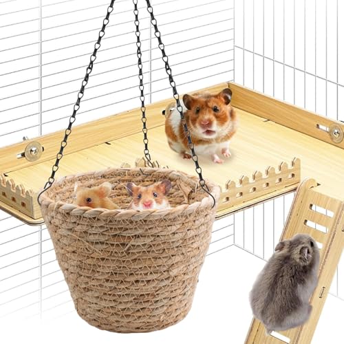 Natural Grass Rat Hammock for Cage, Handwoven Hanging Basket with Sturdy Chains for Small Animals Chinchilla Parrot Sugar Glider Mice, Rat Cage Accessories