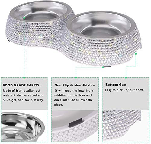 SAVORI Small Dog Bowls, Handmade Bling Rhinestones Stainless Steel Pet Bowls Double Food Water Feeder for Puppy Cats Dogs Cats (Silver-320ml) - color: Silver-320ml