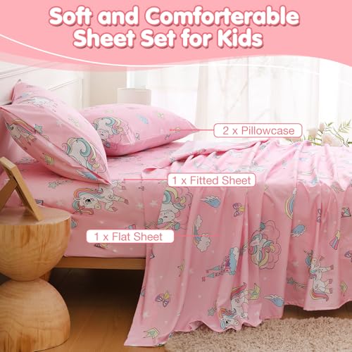 Full Sheet Set for Girls Pink Unicorn Rainbow Themed Kids Bed Sheet | 4 Piece Soft Breathable Printed Microfiber Bed Sheet for Kids Room, 15-inch Deep Pocket Fitted Sheet and Pillowcase Set - color: Unicorn, size: Full