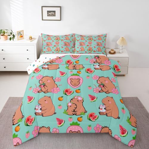 Erosebridal Capybara Lover Comforter Set Cartoon Rodent Animal Bedding Capybara Gifts for Kids Watermelon Strawberry Duvet Insert Cute Flower Kawaii Quilted Duvet,1 Pillow Case, Teal Room Decor,Twin - color: Multi 14, size: Twin