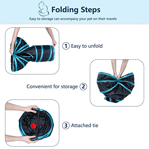 3 Way Cat Tunnel Collapsible Fun Pet Play Tube Toys for Cats, Kittens, Puppies & Rabbits - Portable Tunnel with Hanging Ball for Indoor Play, Hideout & Exercise - color: Blue Black