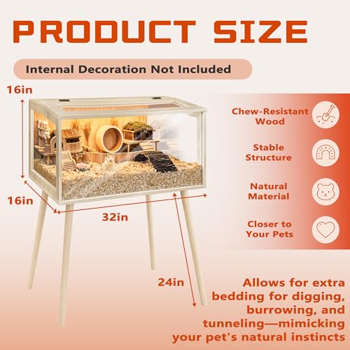 PROLEE Hamster Cage Wooden Chew Proof, Extra Large Mice and Rat Habitat Openable Top with Acrylic Sheets Solid Built Small Animal Cage with Leg Stands, 32 Inch Long - size: 32.0"L x 16.0"W x 40.0"H