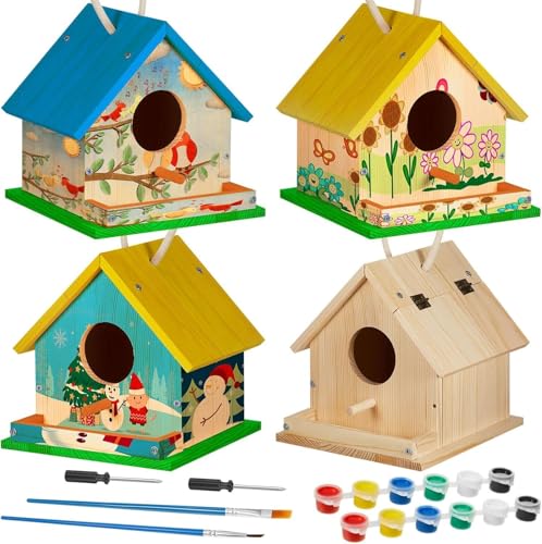 Liliful 6 Sets Wooden DIY Birdhouse Kit, Unfinished Bird Houses with Paints and Paintbrushes, Bird Feeder Craft Arts for Kids Ages 4-8, 8-12, Classroom Activity and Adults Wooden Craft Gifts