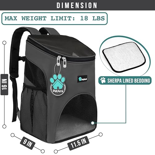 PetAmi Cat Backpack Carrier, Airline Approved Pet Carrier Backpack for Small Dogs and Large Cats, Soft Sided Collapsible Ventilated with Sherpa Bed for Hiking Travel, Max 18 lbs, Gray - color: Gray