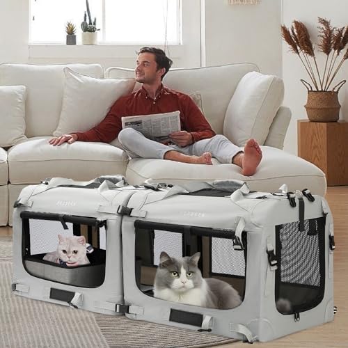 Extra Large Cat Carrier Soft Sided, Portable Small Dog Carrier for 2 Cats, 24"x16.5"x16" Car Travel Folding Comfortable Design with Litter Box and Bowls, Grey-2+ Litter Box+ Bowl*2 - color: Grey-2