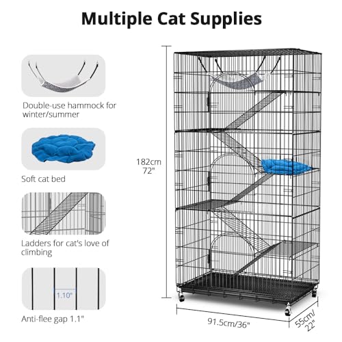 Large Cat Cage, 72 Inch 6-Tier Cat Playpen with Wheels Indoor Outdoor | 36x22x72” multi-level Enclosure, 3 Doors, Removable Tray, Rolling Wheels, Hammock, Cat Playpen for Kitten & Small Animals - size: 36.0"L x 22.0"W x 72.0"H