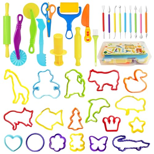 Kleeblatt Dough Tools Set for Kids - 37 Pcs Playdough Kit | 18 animal molds, 9 Basic Dough Tools, 9 Double-Headed Clay Carving Tools, 1 Cleaning Brush, Exquisite Box - color: KT-DoughTools-8