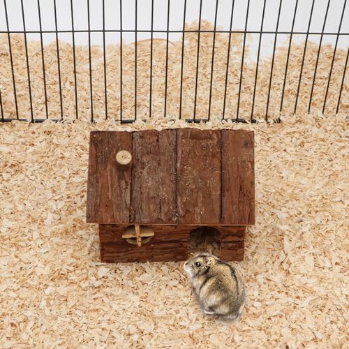 Hypeety Natural Wooden Hamster House Cage Small Animals House with Chimney | Natural solid wood, chew-proof and ventilated play house, for hamsters/gerbils/mice, no assembly required, 5.1x4.3x3.5'', S - size: S