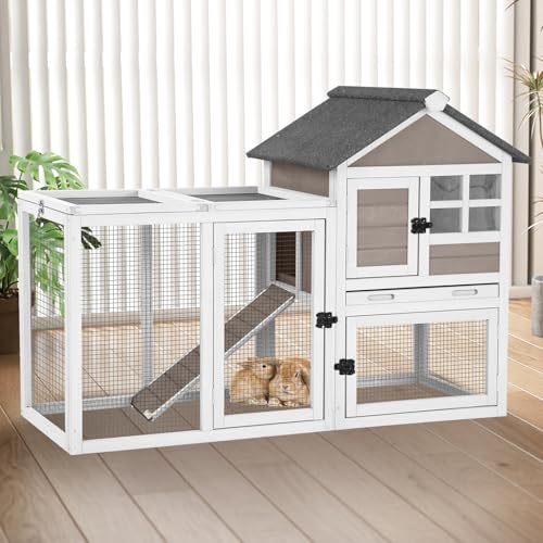 Outdoor Rabbit Hutch with Run, 2-Tier Fir Wood Bunny Cage, Waterproof Roof, Pull-Out Tray, Secure Latches, 51.6 x 20.8 x 36.2 in, Brown - color: Brown, size: 51.6"L x 20.8"W x 36.2"H