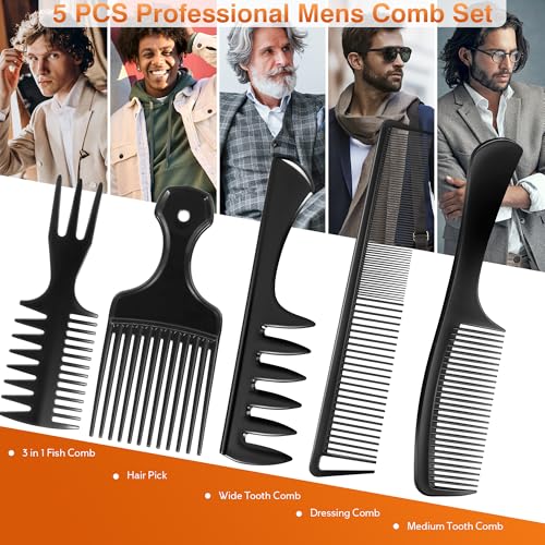 SALONSILK 5Pcs Combs for Men, Hair Pick Comb Set for Afro Black Mens Curls, Wide Tooth Medium Toothed Styling Dressing for Twist Detangler Natural Hair - color: Black-5 PCS