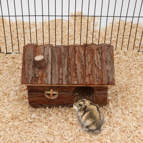 Hypeety Natural Wooden Hamster House Cage Small Animals House with Chimney | Natural solid wood, chew-proof and ventilated play house, for hamsters/gerbils/mice, no assembly required, 7.8x5.1x5.1'', M - size: M