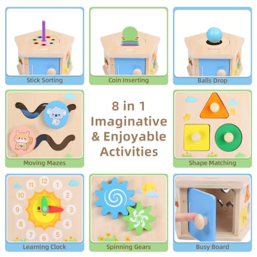 Wooden Activity Cube, 8-in-1 Montessori Toys for 1+ Year Old | Fine Motor Skills Developmental Learning Toys for Toddlers 1-3, First Birthday Gifts for Girls Boys
