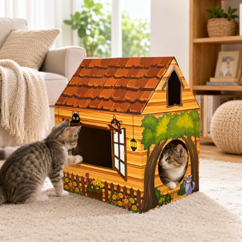 Cinrobiye Cardboard Cat House with Scratcher, Indoor Cat Condo Cat Cave Hideout with Scratch Pad, Cardboard Cat Playhouse Bed for Cats, Kittens, Rabbits & Small Pets (Brown2) - color: Brown2