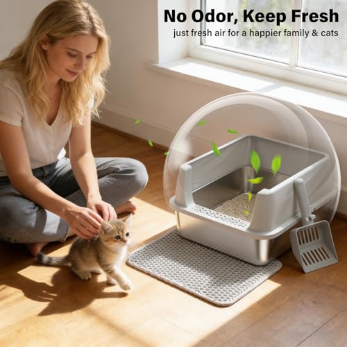 Stainless Steel Litter Box with Lid,Kitten Litter Box for Small Cats | Open Top Low Entry Litter Box,Metal Kitty Litterbox,Odor Control,Anti-Leakage, Non-Sticky, Includes Mat&Scoop,17.5x13.6x8in, - color: M:17.5"L x 13.6"W x 8"H