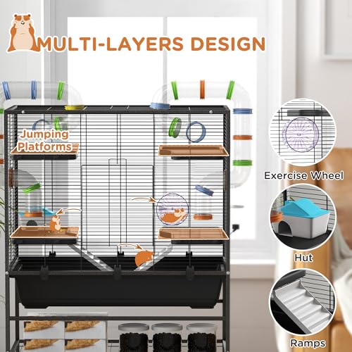 PawHut 32" Large Hamster Cage with Storage Shelf for Syrian Hamster, Tubes | Rat Cage, for Gerbils, Running Wheel, Food Dish, Water Bottle