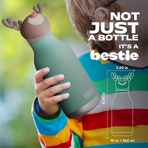 asobu Bestie Water Bottle, Cute Collectible Character, Leak Proof, BPA Free | 16 oz, Stays Cold 24 Hours, Double Wall Vacuum Insulation, Food Grade Stainless Steel, Spill Resistant, Great Gift Idea - color: REINDEER