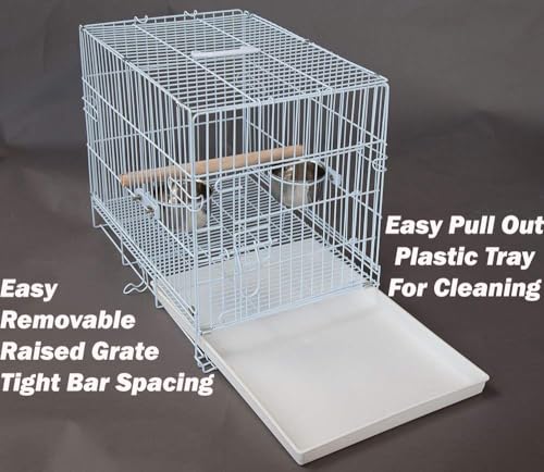 Large Portable Durable Metal Travel or Veterinary Easy Collapsable Parrot Bird Carrier Bite-Proof Carrier Cage Easy Clean Pull Out Tray Stainless Steel Feeder Bowls Natural Wooden Perch - color: White
