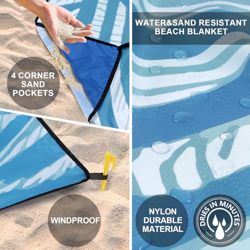 WIWIGO Beach Blanket Mat Waterproof Sandproof for 2-8 Adults Quick Drying | Extra Large, For 2-8 Adults,Windproof, Outdoor Picnic Mat, Beach Accessories Must Have,Gifts, for Travel, Camping, Hiking - color: Blue Sea Turtle - Line Base, size: 79" X 83"（1-4