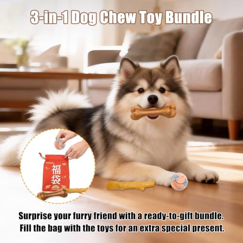 SCHITEC 3 Pack Puppy Teething Chew Toy Gift Set for Small Breeds | Dog chew bone & branch for teething puppies; natural latex squeaky ball; storage bag; ideal for small dogs.