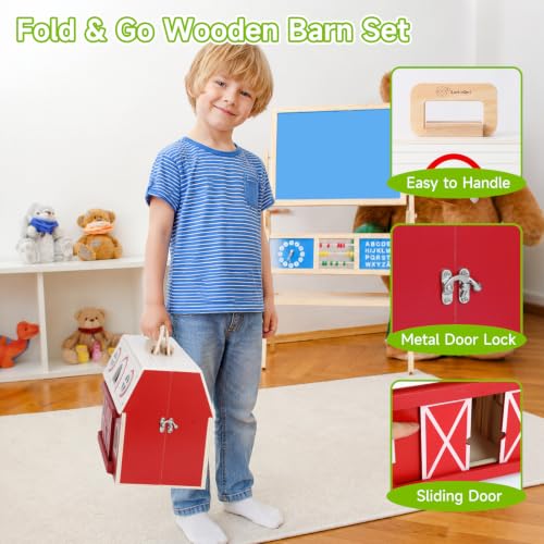Wooden Barn Toy Set with Farm Animals, Portable Pretend Play Barn Playset for Kid 3+, Farm Animal Figures, Montessori STEM Educational Animal Playset for Kids Birthday