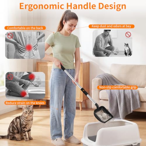 Metal Cat Litter Scoop: 32.3in Long Handle Litter Scooper | Heavy Duty Stainless Steel Pooper Scooper w/Deep Shovel-Detachable Non Stick Litter Sifter w/Foam Padded Grip-No Bending Back - color: black shovel