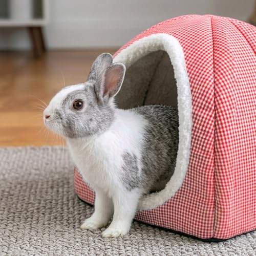 Rabbit Hideout Bed for Large Bunnies, Soft Plush Bunny House | Cozy Small Animal Hideaway with Removable Pad for Indoor Rabbits, Guinea Pigs, and Ferrets, Red - color: Red