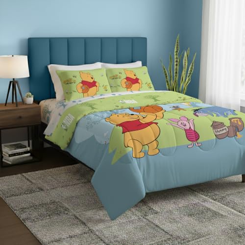 Disney Winnie The Pooh Full Comforter Set 5 Piece Includes Reversible Comforter & Sheet Bedding Set Soft Fade Resistant Microfiber Officially Licensed - color: Pooh Star Full