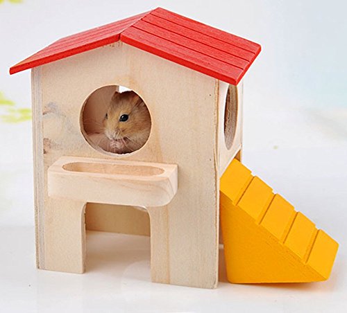 Hypeety Wooden Hamster Villa House & Maze Hideout Cage - Exercise Toys for Dwarf Hamsters, Gerbils, and Small Pets Natural Wooden Habitat with Climbing Accessories (Villa House) - color: Red