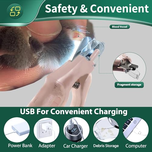 2 in 1 Dog Nail Clippers & Cat Nail Clippers Trimmers for Large Medium Small Dogs Cats Claw Trimmer Quick Sensor and Safety Guard USB Rechargeable Dogs Nail Trimmer with Catcher & 2 LED Lights - color: Pink