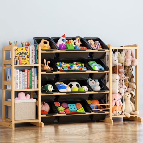 Toy Storage Organizer with Bookshelf and Stuffed Animal Storage - Kids Playroom Organization with Shelves and 12 Toy Bins - Toddler Living Room Toy Box for Lego - Nursery Bedroom Decor Essential - color: Black, size: 55.2"W,3 Shelves,12 Bins