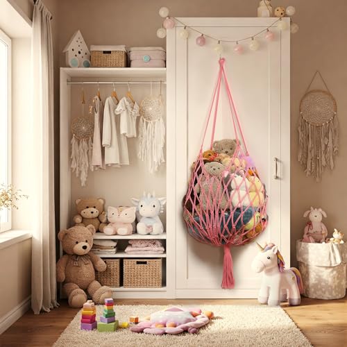 Amdermi Stuffed Animal Storage Hammock Corner Hanging Net Stuffy Animal Hammock Macrame Toy Display Plush Toy Holder for Kid Bedroom Decor Boho Nursery Playroom Organizer (pink) - color: Pink