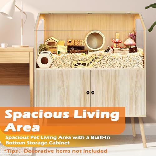 PROLEE Hamster Cage with Storage Cabinet,Large Hamster Encloure Chew Proof Wood,Clear View Hamster Habitat for Guinea Pig, Ferret, Rat, Hedgehog, 40" L x 20" W x 47" H (Oak) - color: Oak