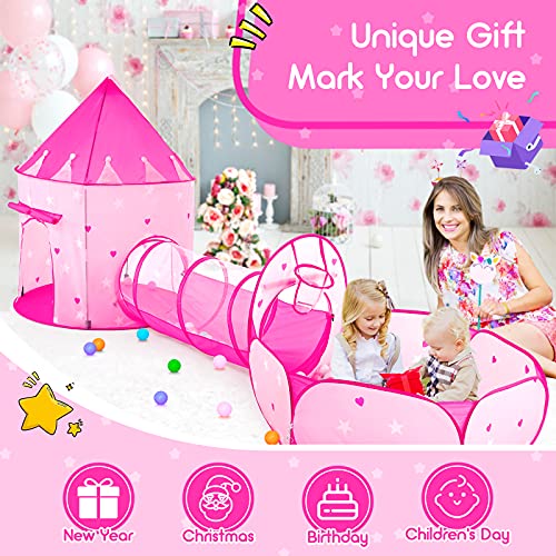 PigPigPen 3pc Kids Play Tent for Girls with Ball Pit, Crawl Tunnel, Princess Tents for Toddlers, Baby Space World Playhouse Toys, Boys Indoor& Outdoor Play House, Perfect Kid’s Gifts - style: 3PC Pink Star Play Tent